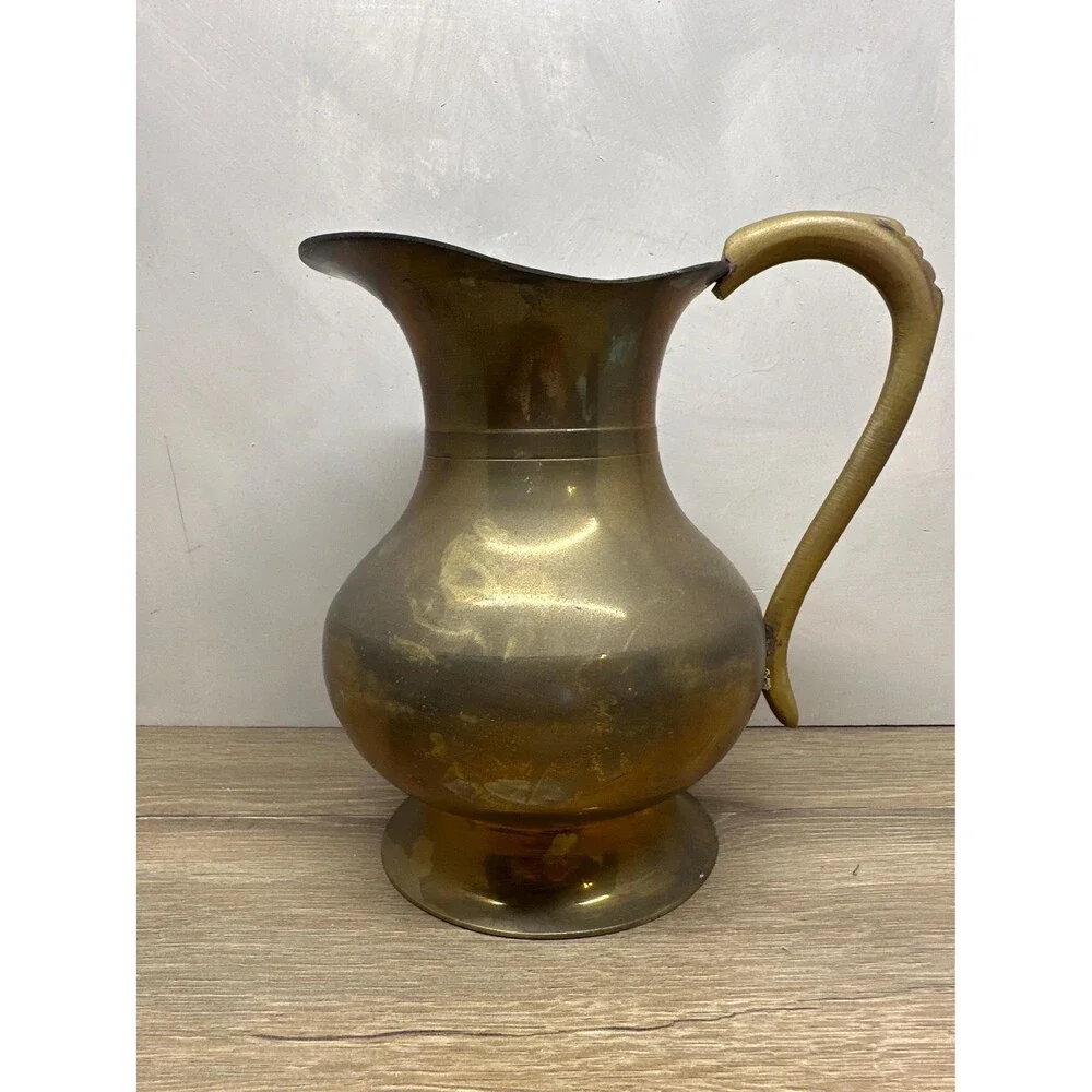 Vintage Aged Solid Brass Pitcher Cast Handle Patina Rustic Decor Vase
